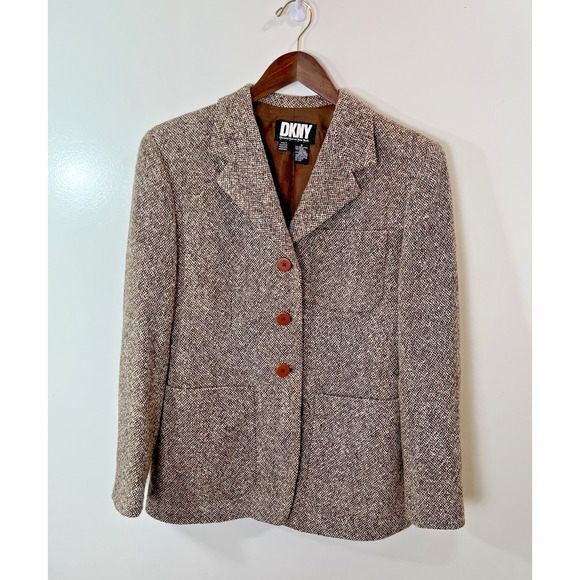 DKNY Women’s Wool Tweed Blazer Size M 8 Brown Timeless Office Preppy Old Money - Picture 1 of 7